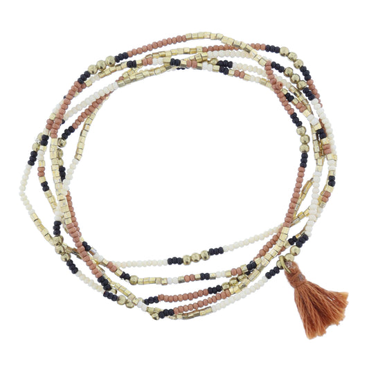 Set of 5, Coordinating Mauve, Gold, Black, Ivory Beaded with Terra Cotta Tassel Bracelet