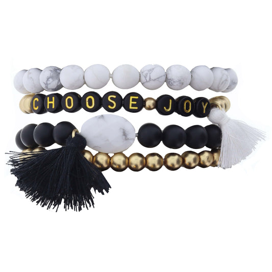 Set of 4, "CHOOSE JOY" and Coordinating Howlite, Jet, Gold Beaded with Tassel Accents Bracelet