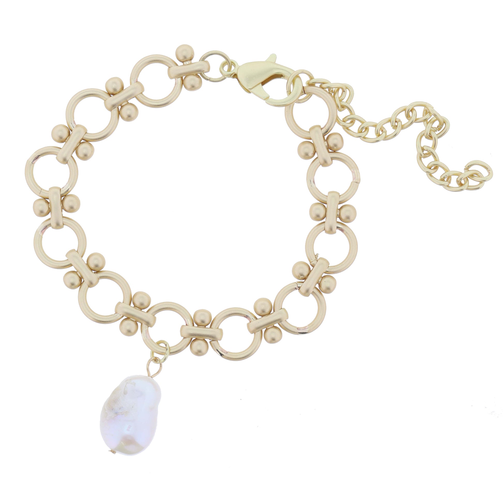 Matte Gold Ball Pin Joint Circle Link Chain with Drop Pearl Bracelet