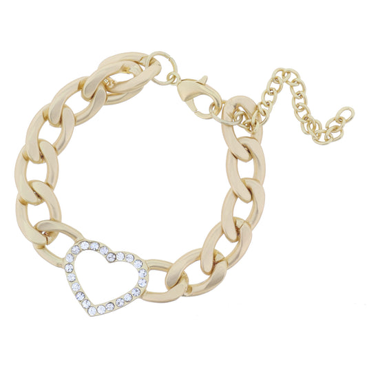 Matte Gold Chunky Curb Chain with Crystal Lined Open Heart Bracelet