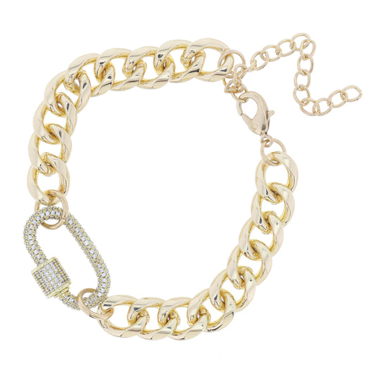 Shiny Gold Chunky Curb Chain with Crystal Pave Carabiner Bracelet
