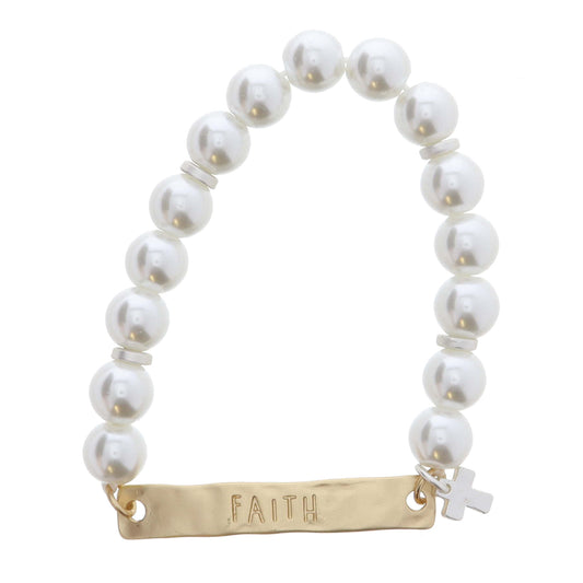 Kids Pearl Beaded with Gold "FAITH" Bar and Mini Silver Cross Charm Bracelet, .25", .25" Pendant