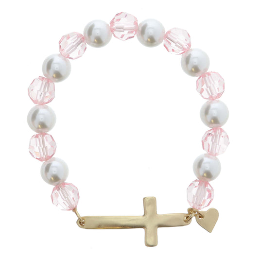 Kids Pearl and Pink Beaded with Skinny Gold Cross and Gold Heart Charm Bracelet, .5", .25" Pendant