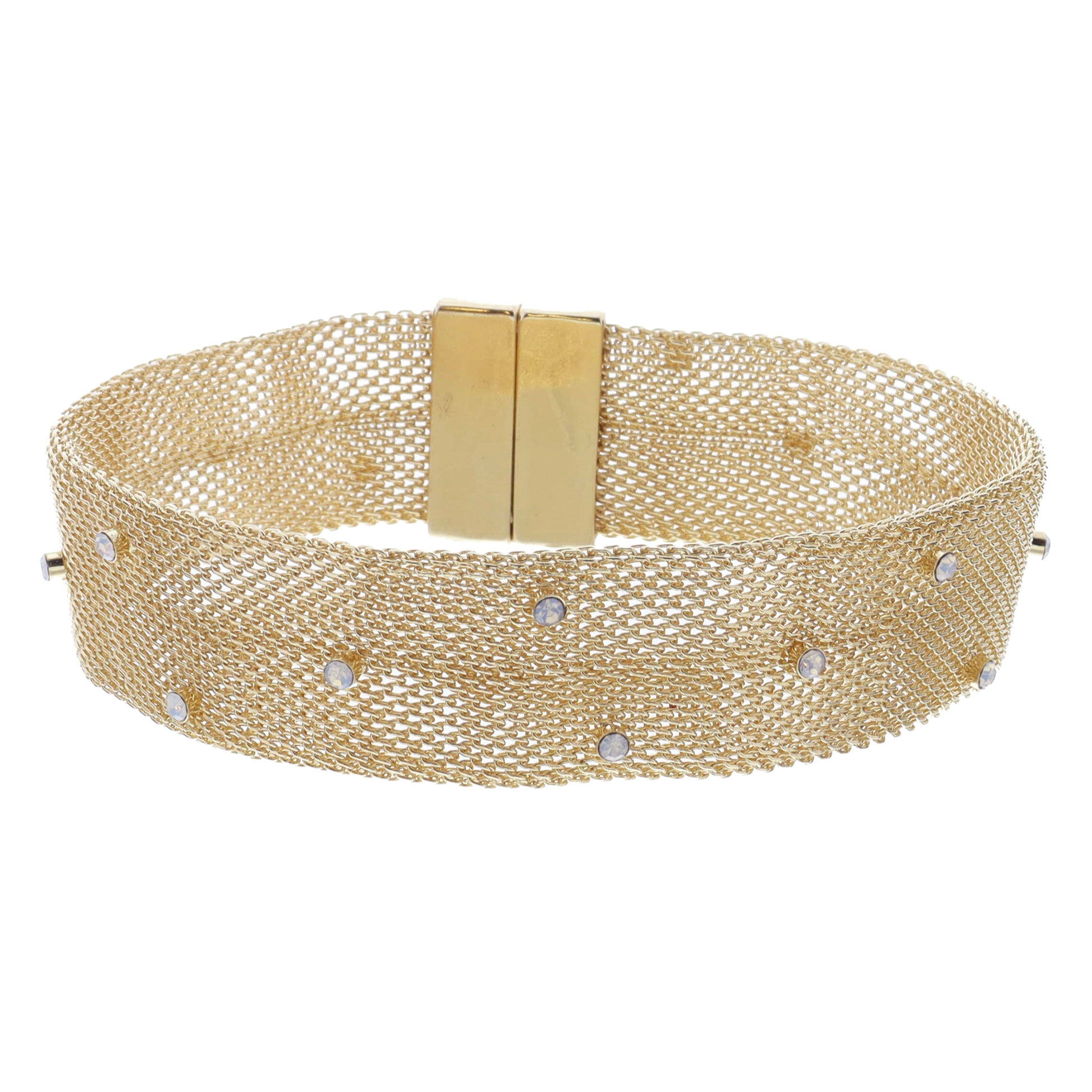 Wide Gold Woven Mesh Chain Band with Mini Moonstone Crystal Accents Bracelet, 7.5-8" Around