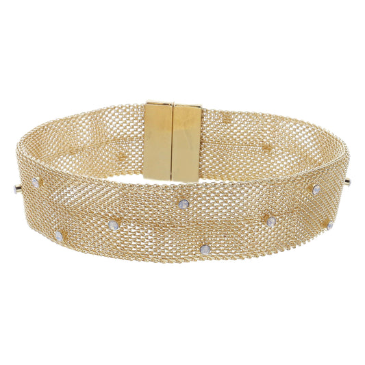 Wide Gold Woven Mesh Chain Band with Mini Moonstone Crystal Accents Bracelet, 7.5-8" Around