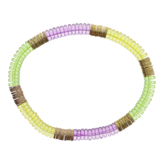Colorblock Lavender, Lime Green, Yellow Cylinder Beads with Gold Sequin Accents Bracelet