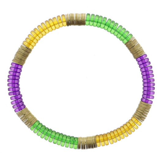 Colorblock Purple, Green, Golden Yellow Cylinder Beads with Gold Sequin Accents Bracelet