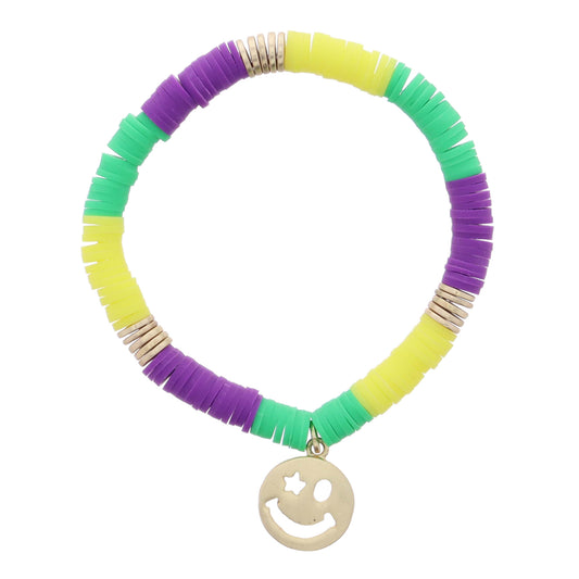 Kids Purple, Green, Yellow Rubber Sequin Beaded with Gold Star Eyed Happy Face Disc Bracelet