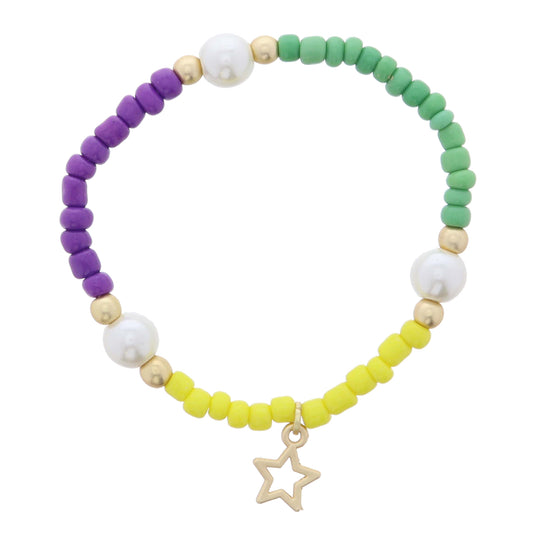 Kids Colorblock Purple, Yellow, Green Seed Beaded with Pearl Stations and Gold Star Charm Bracelet