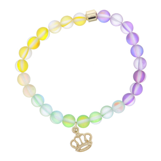 Kids Yellow, Green, Purple Colorblock Opal Beaded with Gold Crown Charm Bracelet
