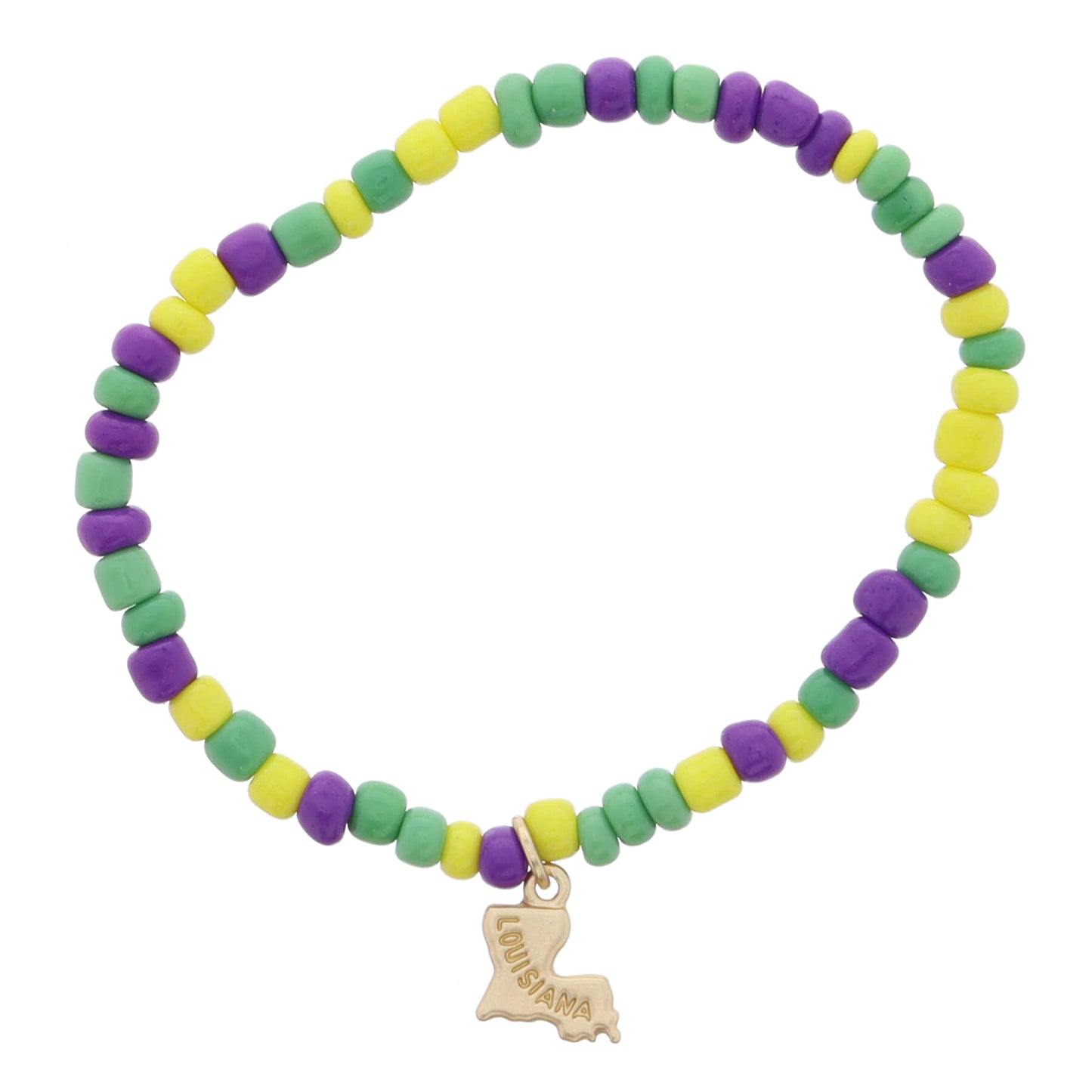 Kids Mutli Purple, Green, Yellow Seed Beaded with Gold "LOUISIANA" State Charm Bracelet