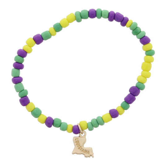 Kids Mutli Purple, Green, Yellow Seed Beaded with Gold "LOUISIANA" State Charm Bracelet