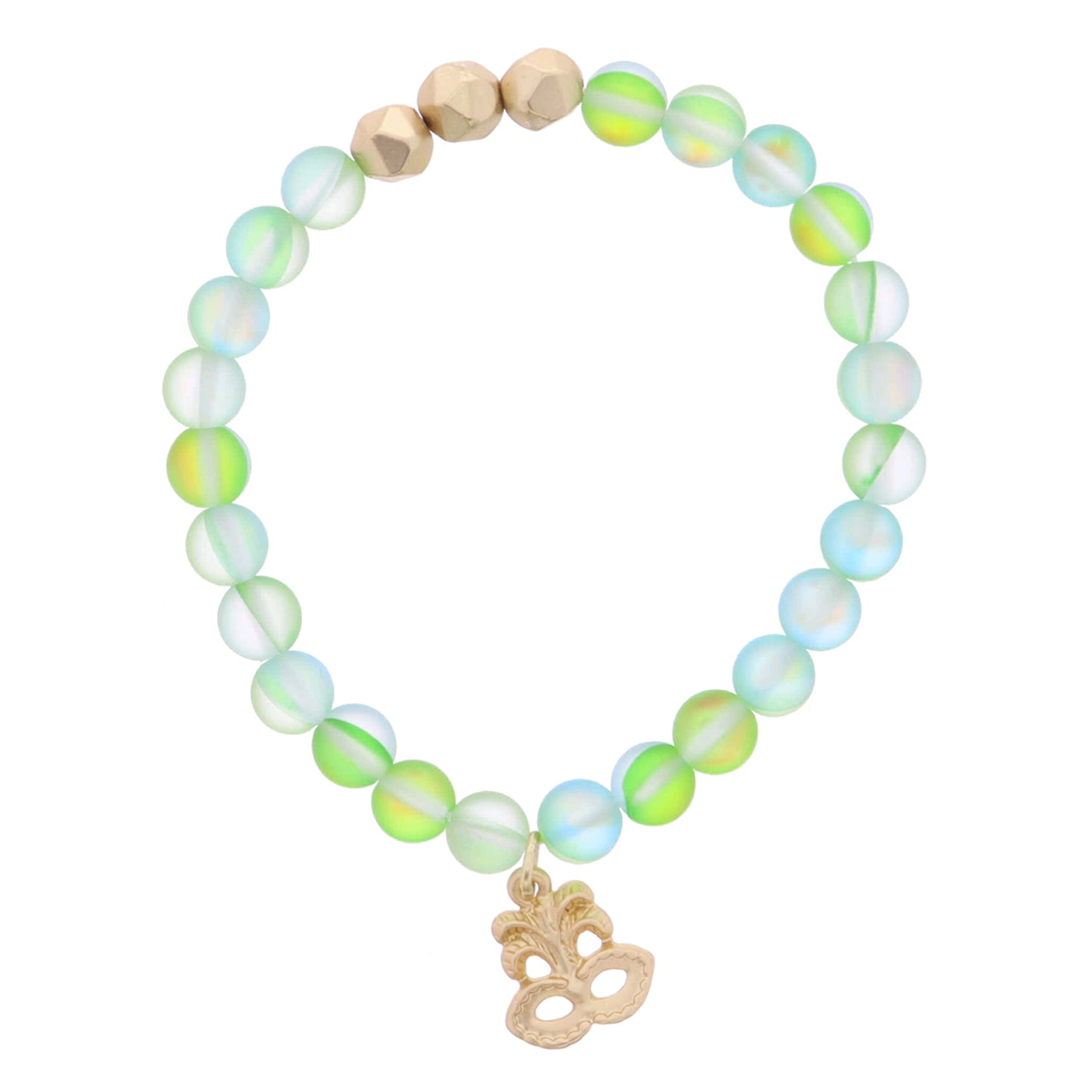 Kids Green Opal Beaded with Gold Bead Accent and Gold Mask Charm Bracelet