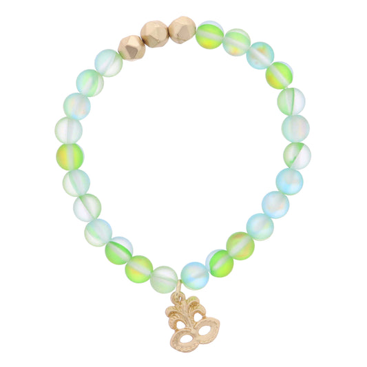 Kids Green Opal Beaded with Gold Bead Accent and Gold Mask Charm Bracelet