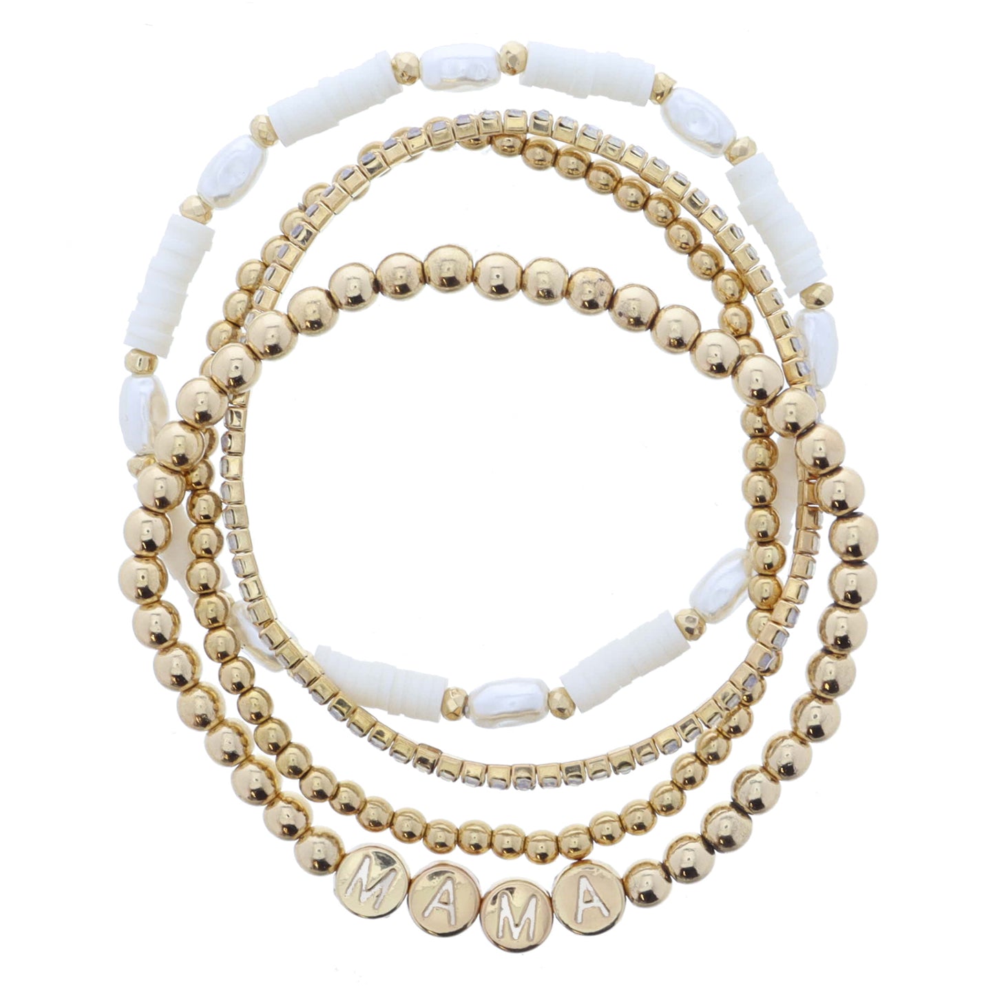 Set of 4, Gold Ball, Moonstone, Gold Ball with "MAMA", Oval Pearls & White Rubber Sequins Bracelet