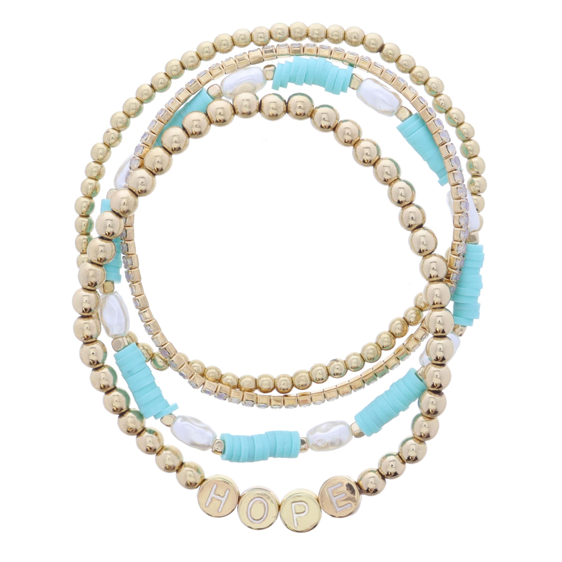 Set of 4, Gold Ball, Moonstone, Gold Ball with "HOPE", Oval Pearls and Mint Rubber Sequins Bracelet