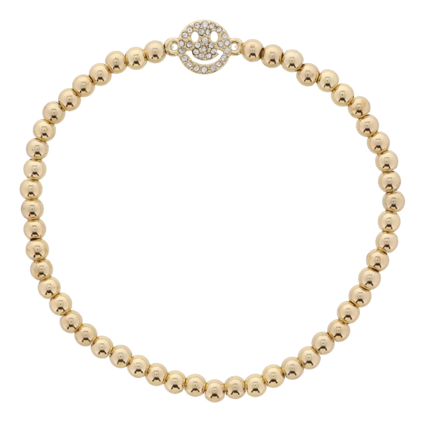 18K Gold Plated Medium Gold Ball Beaded with Pave Crystal Happy Face Bracelet
