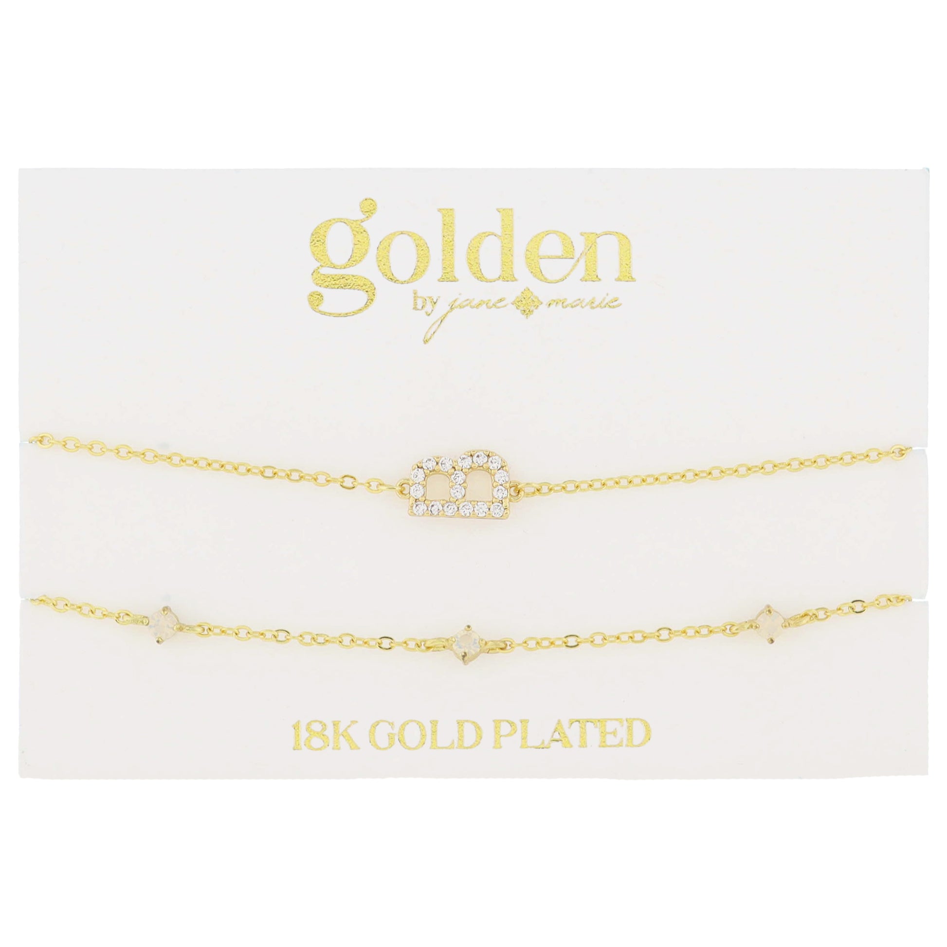 7" Around 18K Gold Plated Set of 2, Cubic Zirconia Pave "B" Initial, Multi Opals Bracelet, 1.5" Ext