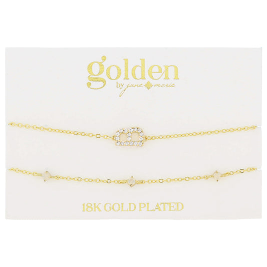7" Around 18K Gold Plated Set of 2, Cubic Zirconia Pave "B" Initial, Multi Opals Bracelet, 1.5" Ext