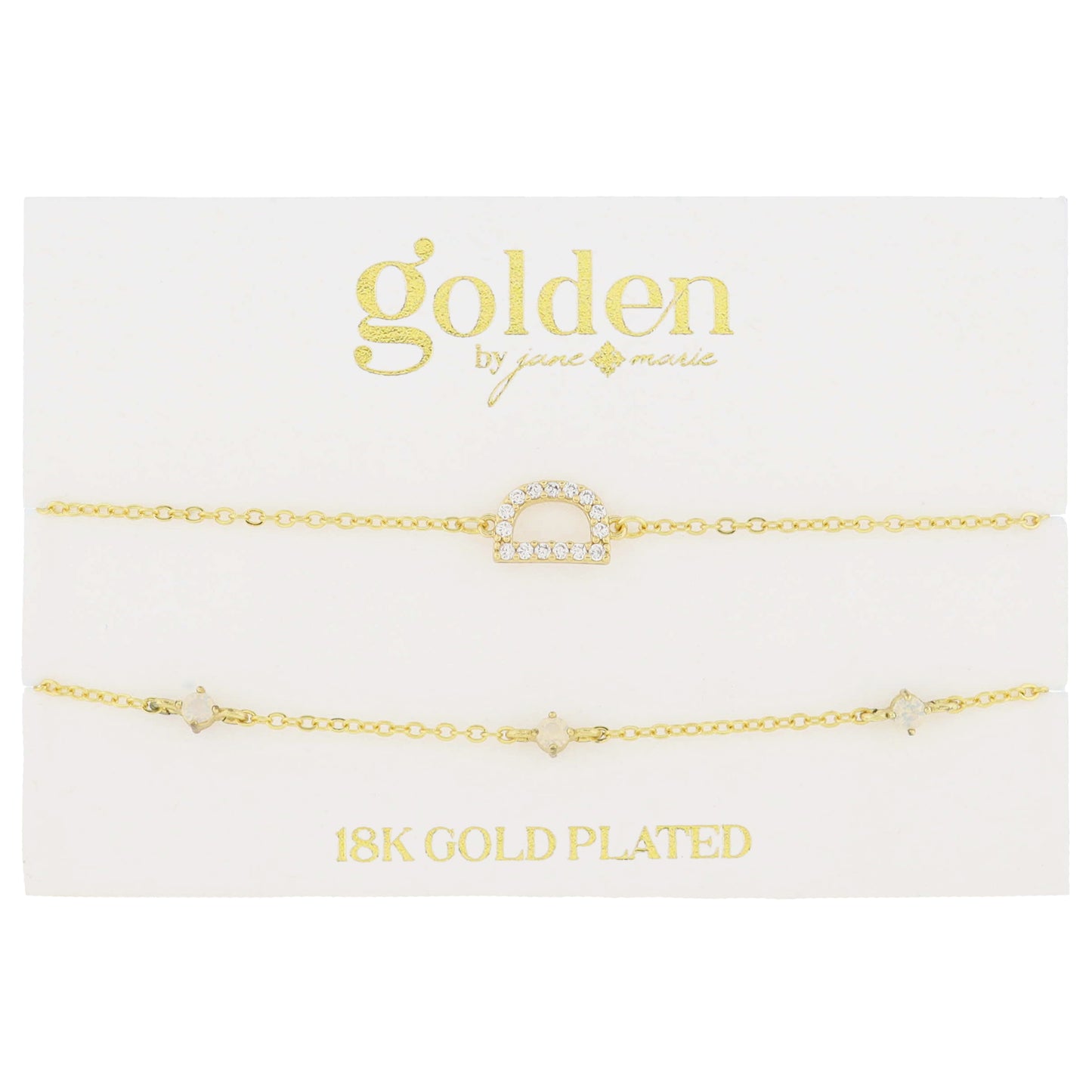 7" Around 18K Gold Plated Set of 2, Cubic Zirconia Pave "D" Initial, Multi Opals Bracelet, 1.5" Ext