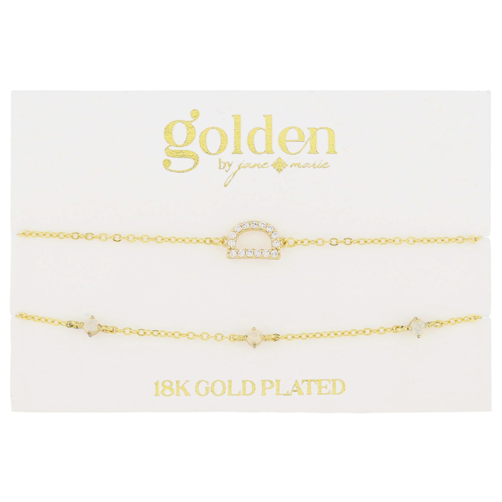 7" Around 18K Gold Plated Set of 2, Cubic Zirconia Pave "D" Initial, Multi Opals Bracelet, 1.5" Ext