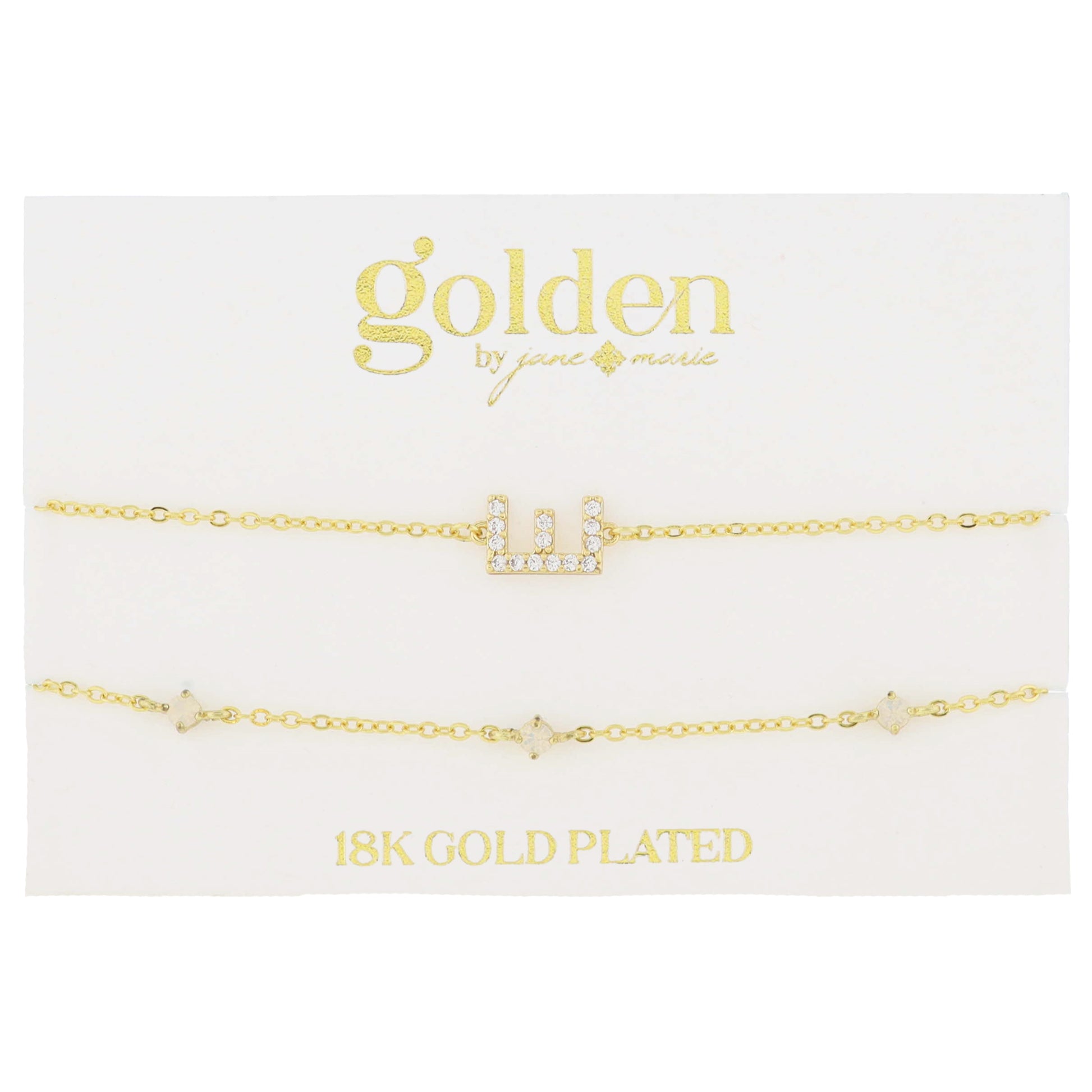 7" Around 18K Gold Plated Set of 2, Cubic Zirconia Pave "E" Initial, Multi Opals Bracelet, 1.5" Ext