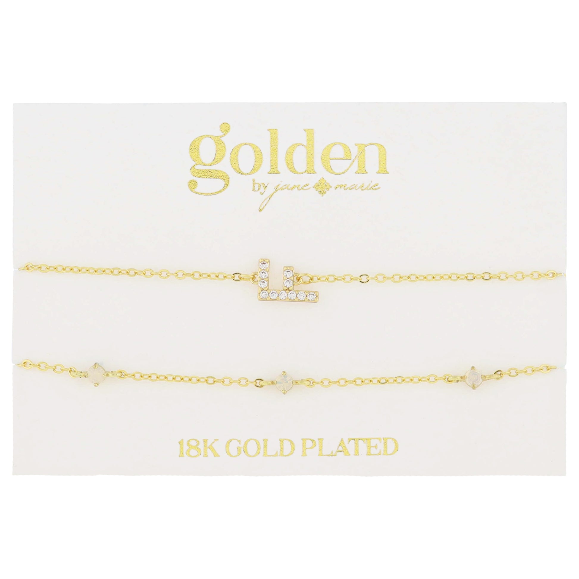7" Around 18K Gold Plated Set of 2, Cubic Zirconia Pave "F" Initial, Multi Opals Bracelet, 1.5" Ext