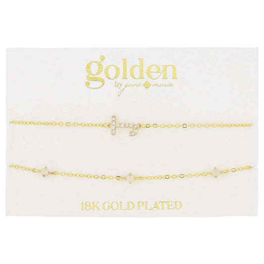 7" Around 18K Gold Plated Set of 2, Cubic Zirconia Pave "J" Initial, Multi Opals Bracelet, 1.5" Ext