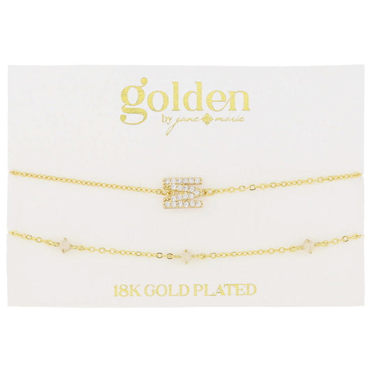 7" Around 18K Gold Plated Set of 2, Cubic Zirconia Pave "M" Initial, Multi Opals Bracelet, 1.5" Ext