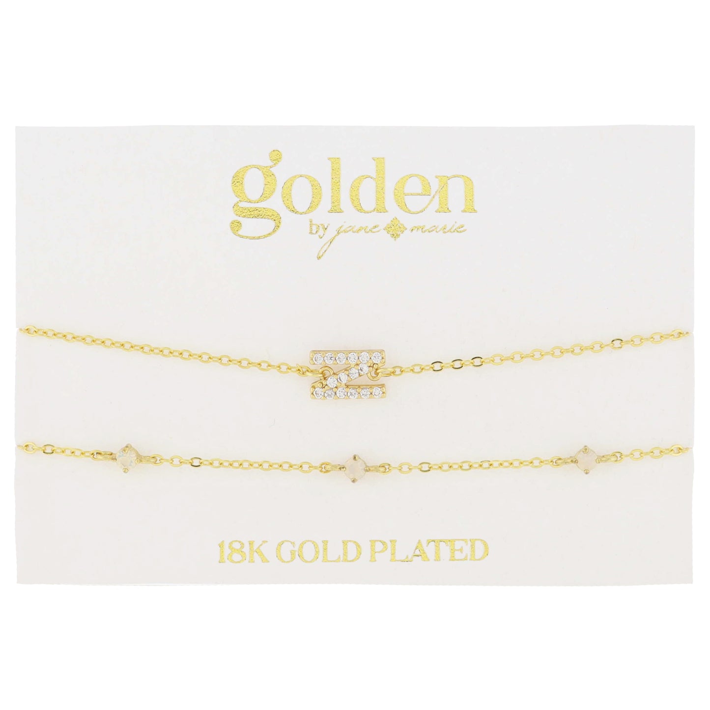 7" Around 18K Gold Plated Set of 2, Cubic Zirconia Pave "N" Initial, Multi Opals Bracelet, 1.5" Ext