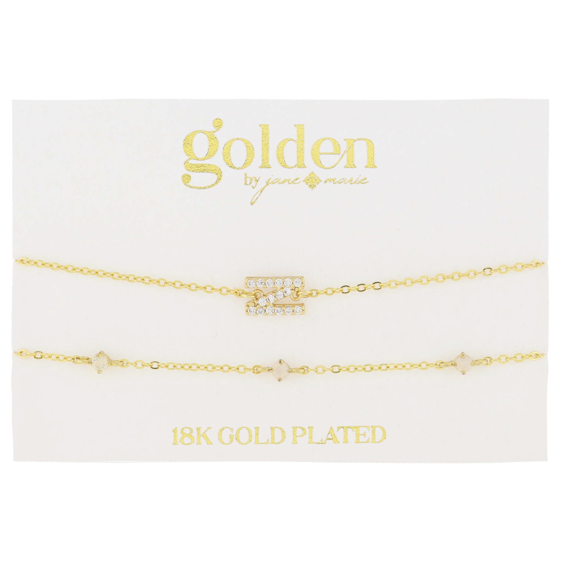 7" Around 18K Gold Plated Set of 2, Cubic Zirconia Pave "N" Initial, Multi Opals Bracelet, 1.5" Ext