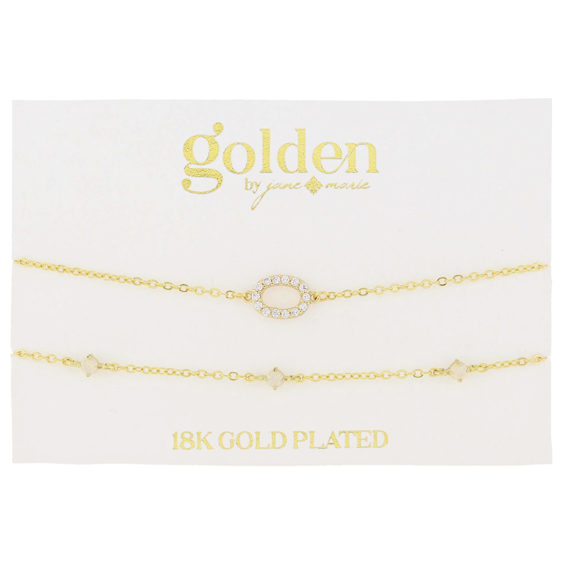 7" Around 18K Gold Plated Set of 2, Cubic Zirconia Pave "O" Initial, Multi Opals Bracelet, 1.5" Ext