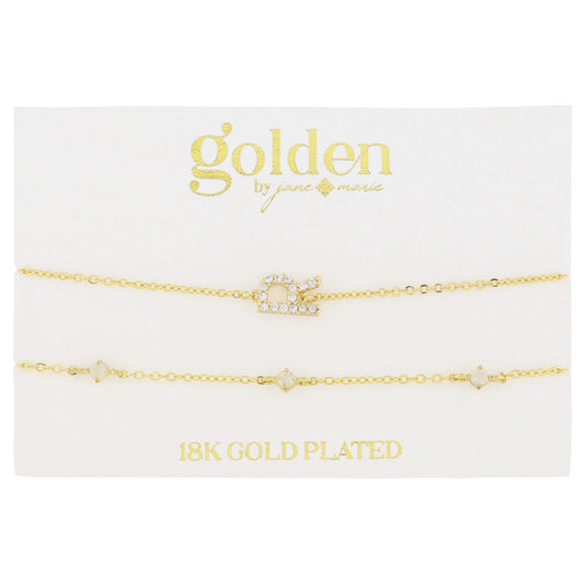 7" Around 18K Gold Plated Set of 2, Cubic Zirconia Pave "R" Initial, Multi Opals Bracelet, 1.5" Ext