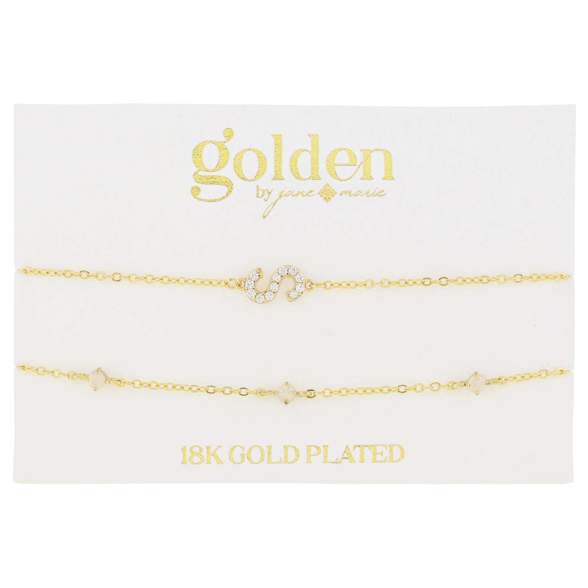 7" Around 18K Gold Plated Set of 2, Cubic Zirconia Pave "S" Initial, Multi Opals Bracelet, 1.5" Ext