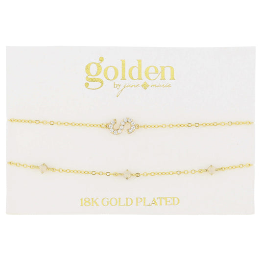 7" Around 18K Gold Plated Set of 2, Cubic Zirconia Pave "S" Initial, Multi Opals Bracelet, 1.5" Ext