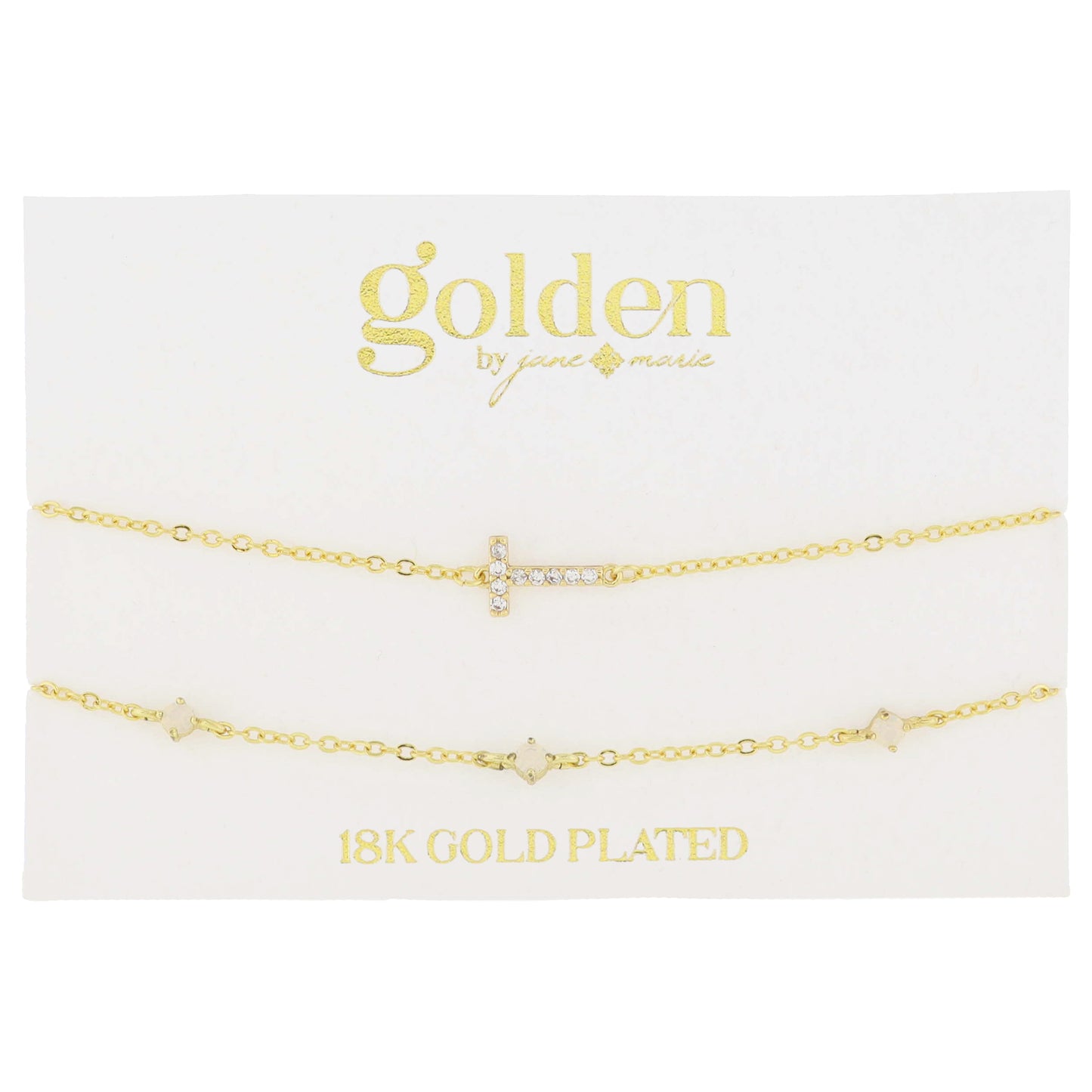 7" Around 18K Gold Plated Set of 2, Cubic Zirconia Pave "T" Initial, Multi Opals Bracelet, 1.5" Ext