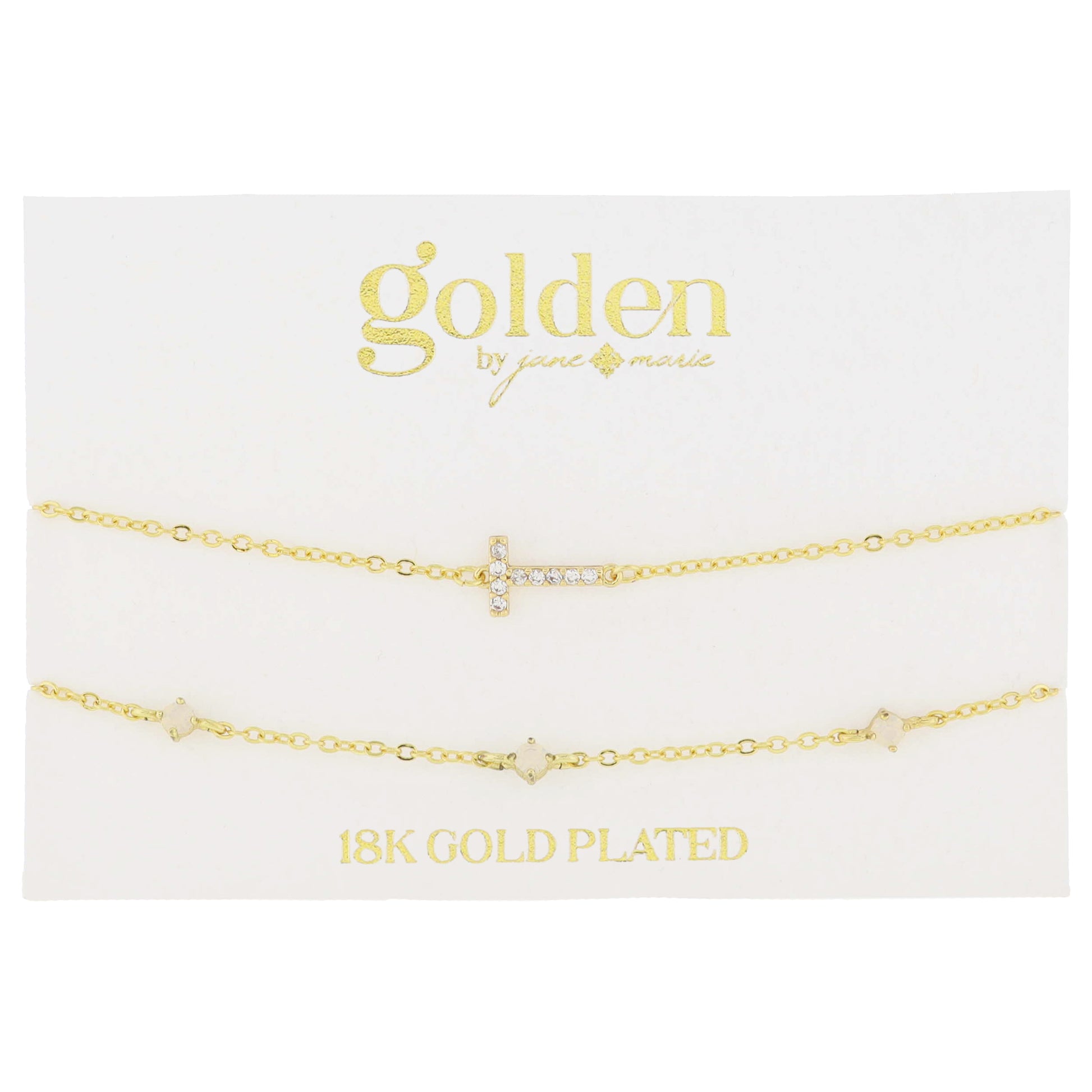 7" Around 18K Gold Plated Set of 2, Cubic Zirconia Pave "T" Initial, Multi Opals Bracelet, 1.5" Ext