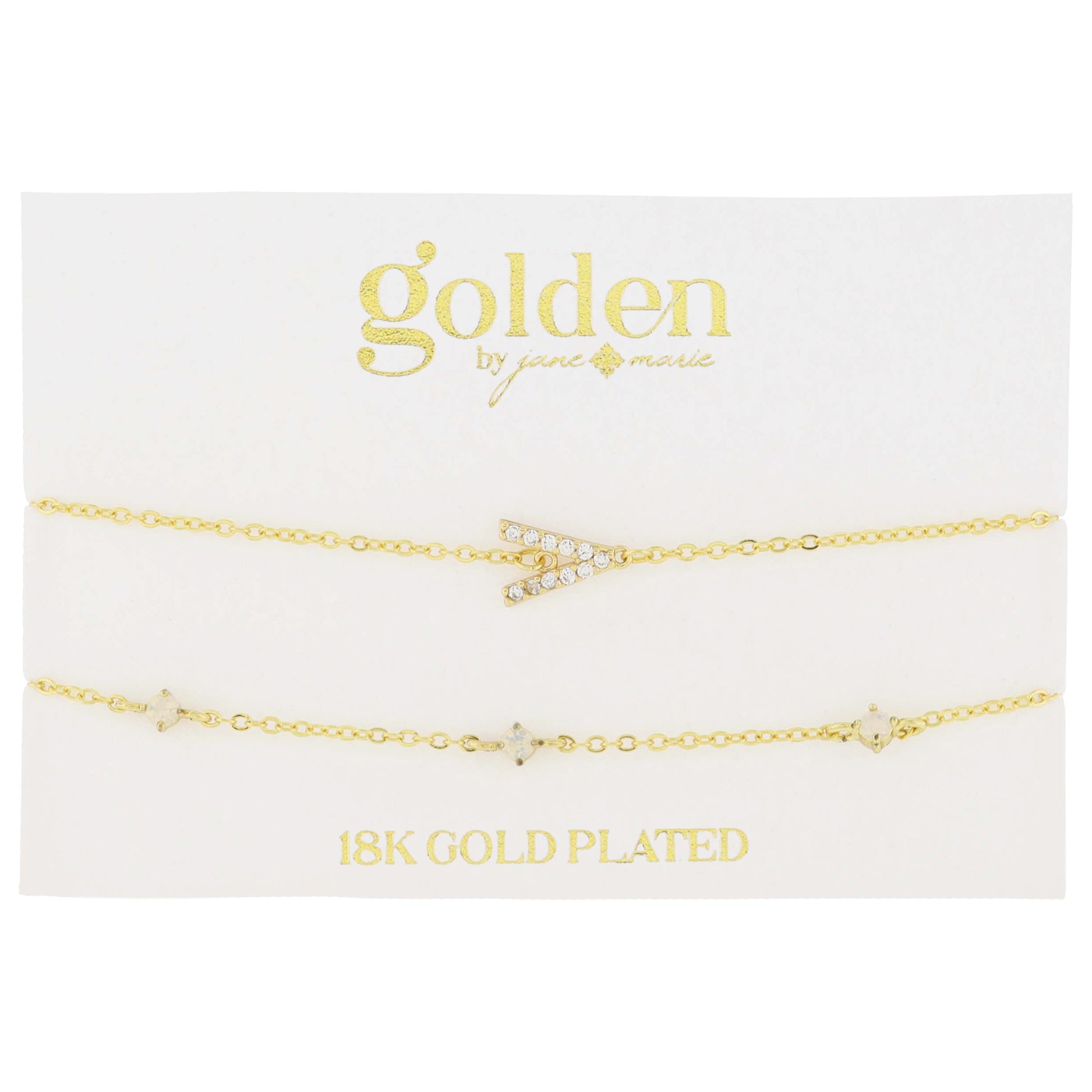 7" Around 18K Gold Plated Set of 2, Cubic Zirconia Pave "V" Initial, Multi Opals Bracelet, 1.5" Ext