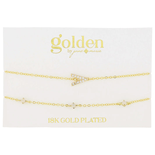 7" Around 18K Gold Plated Set of 2, Cubic Zirconia Pave "V" Initial, Multi Opals Bracelet, 1.5" Ext
