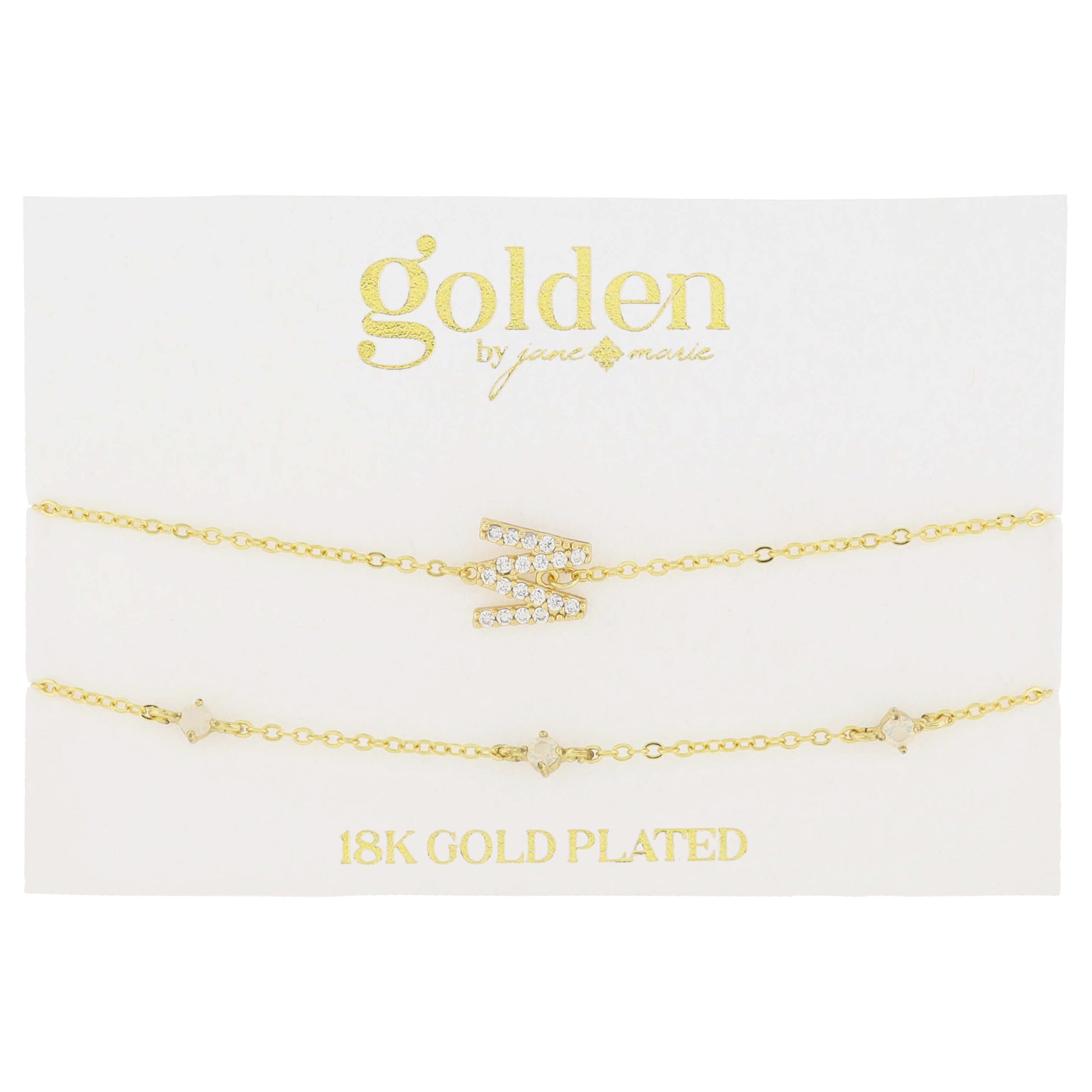 7" Around 18K Gold Plated Set of 2, Cubic Zirconia Pave "W" Initial, Multi Opals Bracelet, 1.5" Ext