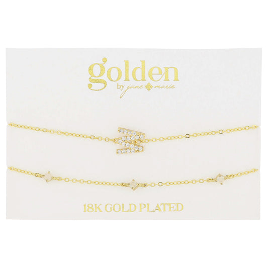 7" Around 18K Gold Plated Set of 2, Cubic Zirconia Pave "W" Initial, Multi Opals Bracelet, 1.5" Ext