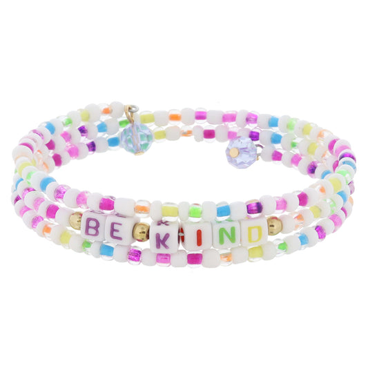 Kids Alternating Multi and White with "BE KIND" Beaded Coil Bracelet, .5" Pendant