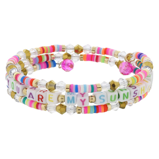 Kids Multi Sequin, Gold, Clear Faceted with "YOU ARE MY SUNSHINE" Beaded Coil Bracelet, .5" Pendant