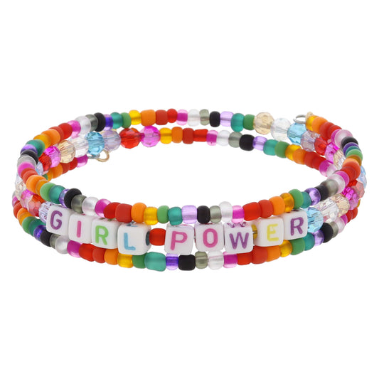 Kids Multi Matte and Multi Faceted with "GIRL POWER" Beaded Coil Bracelet, .5" Pendant