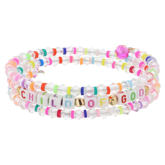 Kids Alternating Clear Facteted & Multi Sequin, "CHILD OF GOD" Beaded Coil Bracelet, .5" Pendant