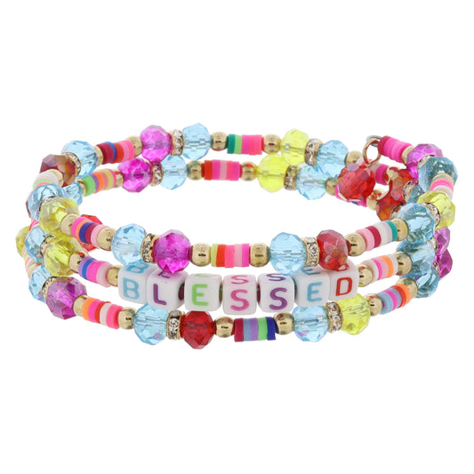 Kids Multi Faceted, Gold, Multi Rubber Sequin with "BLESSED" Beaded Coil Bracelet, .5" Pendant