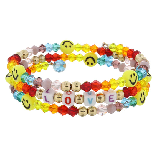 Kids Multi Faceted, Happy Faces, Gold with "LOVE" Beaded Coil Bracelet, .5" Pendant