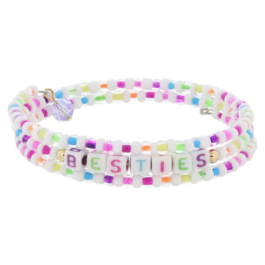 Kids Alternating Multi and White with "BESTIES" Beaded Coil Bracelet, .5" Pendant