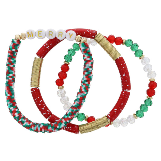 Set of 3, Christmas Colors "MERRY", Red & Gold Discs, Colorblock Beads & Gold Bracelet, 8.5" Around