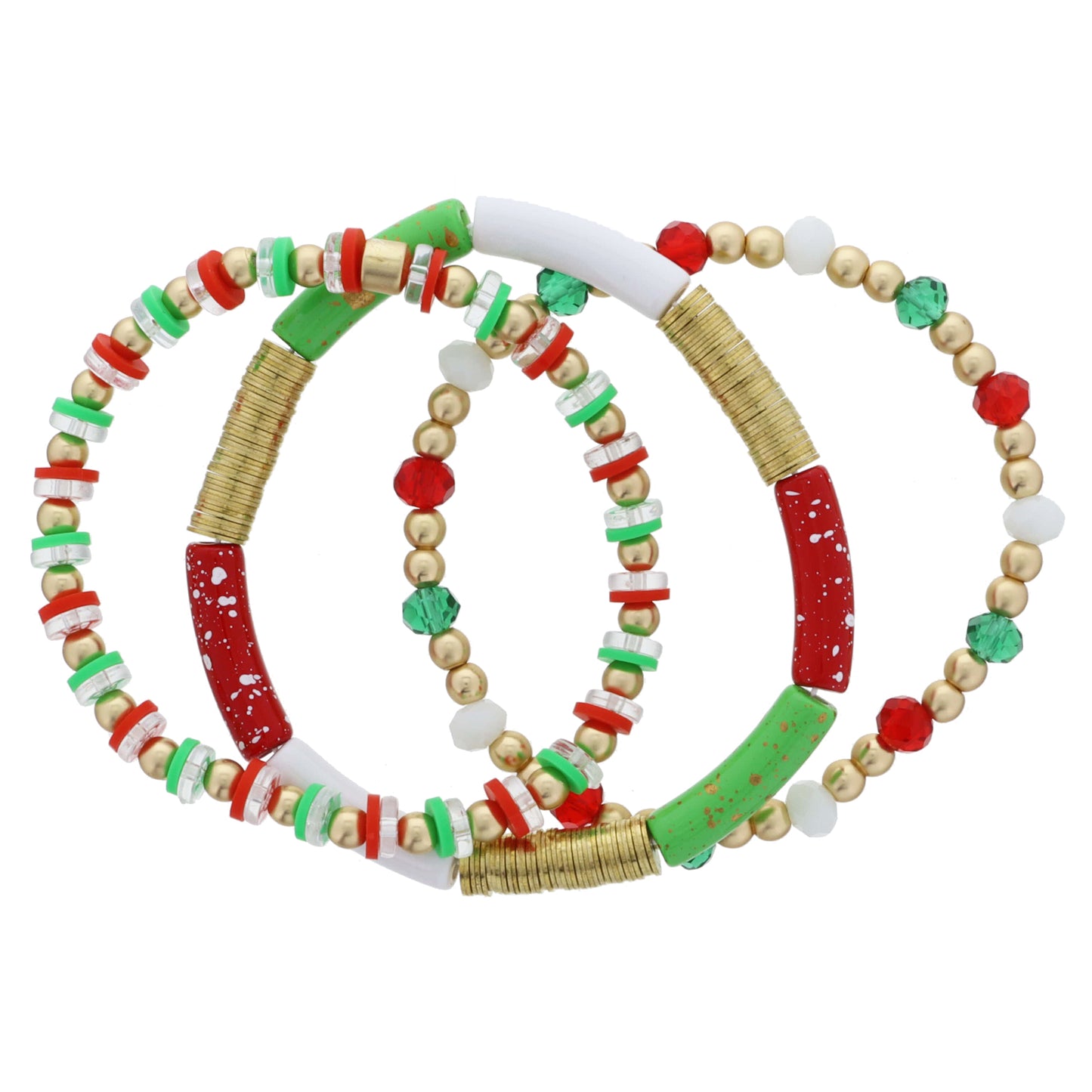 Set of 3, Gold Bead, Multi Christmas, Gold Discs, Red, Green Discs, Gold Ball Bracelet, 8.5" Around